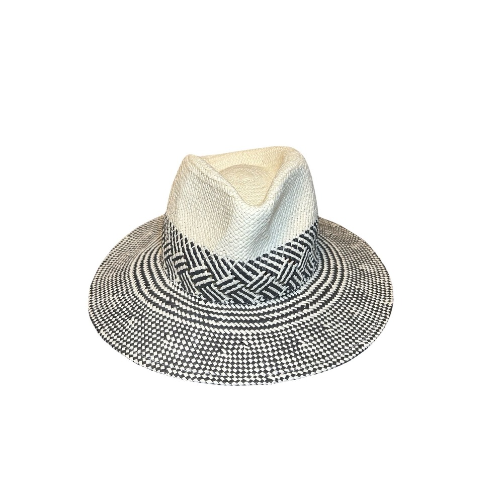 Anthropologie Black White Woven Straw Fedora Sun Hat Wide Brim Adjustable